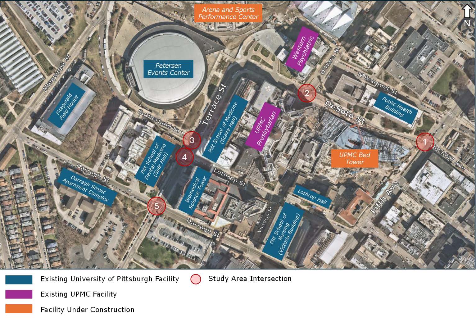 A map of the study area, which includes Terrace and De Soto street through Darragh Street and Fifth Avenue.