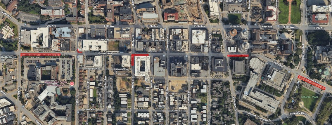 map showing paving locations along Forbes Ave