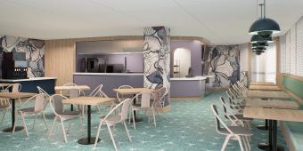 The Flourish section of The Eatery, featuring seating and the food counter